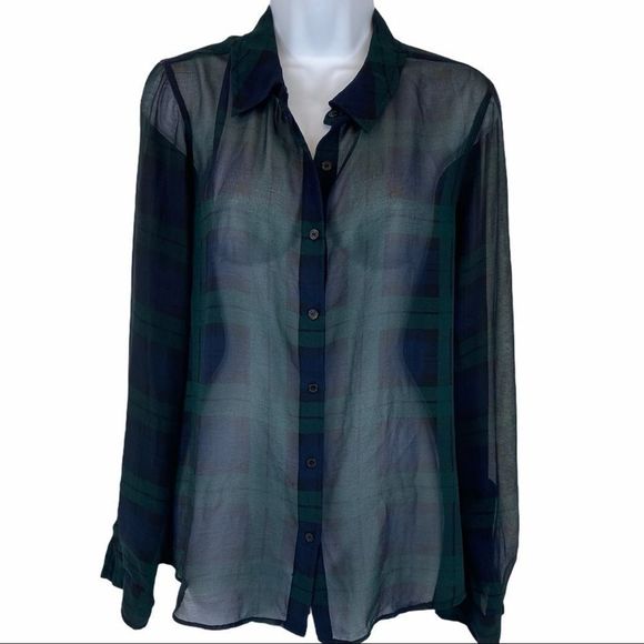 Lord & Taylor Tops - Lord & Tayor navy and green sheer plaid blouse- PL